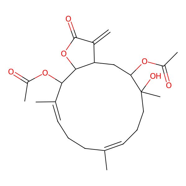 2D Structure of (15-acetyloxy-6-hydroxy-6,10,14-trimethyl-3-methylidene-2-oxo-4,5,7,8,11,12,15,15a-octahydro-3aH-cyclotetradeca[b]furan-5-yl) acetate