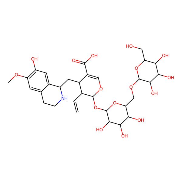 2D Structure of 3-ethenyl-4-[(7-hydroxy-6-methoxy-1,2,3,4-tetrahydroisoquinolin-1-yl)methyl]-2-[3,4,5-trihydroxy-6-[[3,4,5-trihydroxy-6-(hydroxymethyl)oxan-2-yl]oxymethyl]oxan-2-yl]oxy-3,4-dihydro-2H-pyran-5-carboxylic acid