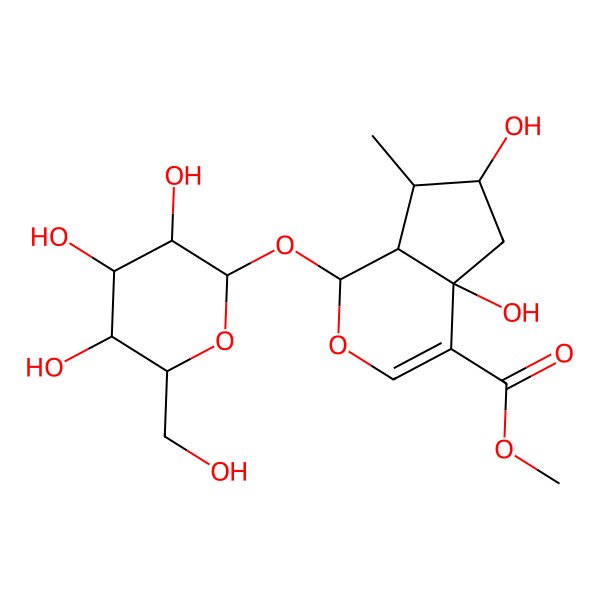 2D Structure of Methyl (4aR,6S,7S)-1-(beta-D-glucopyranosyloxy)-4a,6-dihydroxy-7-methyl-1,4a,5,6,7,7a-hexahydrocyclopenta[c]pyran-4-carboxylate