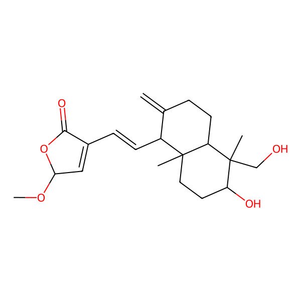 2D Structure of (2S)-4-[(E)-2-[(1R,4aS,5R,6R,8aS)-6-hydroxy-5-(hydroxymethyl)-5,8a-dimethyl-2-methylidene-3,4,4a,6,7,8-hexahydro-1H-naphthalen-1-yl]ethenyl]-2-methoxy-2H-furan-5-one