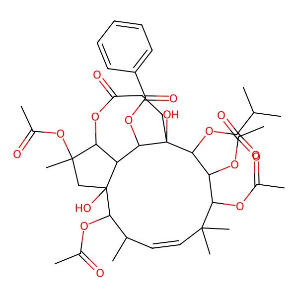 2D Structure of [(1S,2R,3S,4S,6Z,8S,9S,10R,12R,13R,18R,19S)-3,4,9,12-tetraacetyloxy-1,10-dihydroxy-5,5,8,12-tetramethyl-2-(2-methylpropanoyloxy)-15-oxo-14-oxatricyclo[8.7.2.013,19]nonadec-6-en-18-yl] benzoate