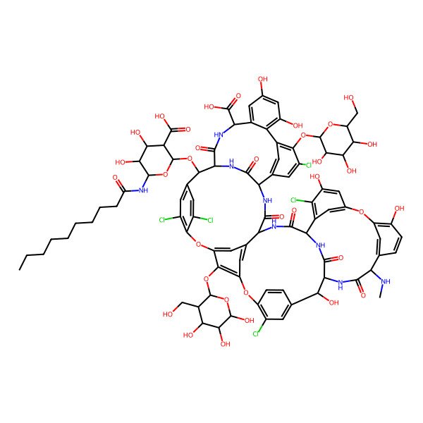 2D Structure of Ristomycin A aglycone, 5,22,31,45,55-pentachloro-7-demethyl-64-O-demethyl-34-O-((2-deoxy-2-((1-oxodecyl)amino)-alpha-D-glucopyranuronosyl)amino)-44-O-beta-D-glucopyranosyl-56-O-beta-D-mannopyranosyl-N15-methyl-