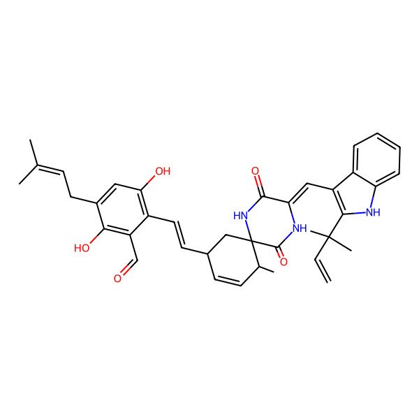 2D Structure of 2,5-dihydroxy-3-(3-methylbut-2-enyl)-6-[(E)-2-[(3Z,6R,8R,11S)-11-methyl-3-[[2-(2-methylbut-3-en-2-yl)-1H-indol-3-yl]methylidene]-2,5-dioxo-1,4-diazaspiro[5.5]undec-9-en-8-yl]ethenyl]benzaldehyde
