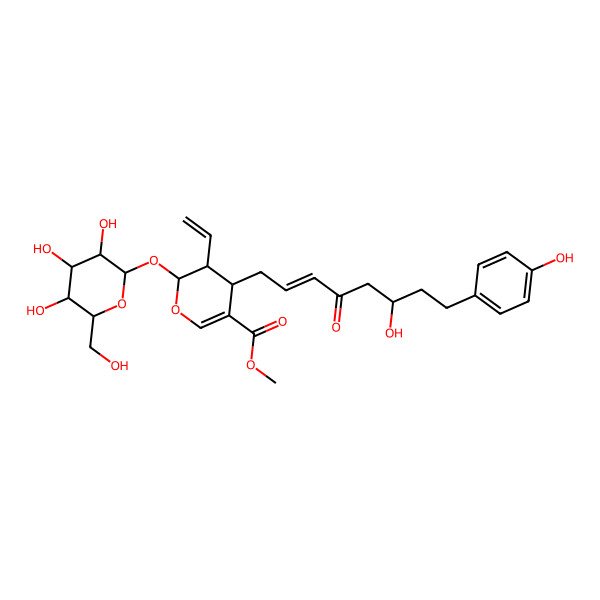 2D Structure of methyl (2S,3R,4S)-3-ethenyl-4-[(E,6S)-6-hydroxy-8-(4-hydroxyphenyl)-4-oxooct-2-enyl]-2-[(2S,3R,4S,5S,6R)-3,4,5-trihydroxy-6-(hydroxymethyl)oxan-2-yl]oxy-3,4-dihydro-2H-pyran-5-carboxylate