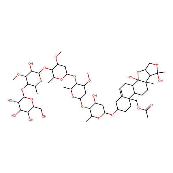 2D Structure of [(1R,2R,4S,7S,8R,9R,12S,13S,16S)-2,7-dihydroxy-16-[(2R,4R,5S,6R)-4-hydroxy-5-[(2S,4S,5R,6R)-5-[(2S,4R,5R,6R)-5-[(2S,3R,4R,5R,6R)-3-hydroxy-4-methoxy-6-methyl-5-[(2S,3R,4S,5S,6R)-3,4,5-trihydroxy-6-(hydroxymethyl)oxan-2-yl]oxyoxan-2-yl]oxy-4-methoxy-6-methyloxan-2-yl]oxy-4-methoxy-6-methyloxan-2-yl]oxy-6-methyloxan-2-yl]oxy-7,9-dimethyl-3,6-dioxapentacyclo[10.8.0.02,9.04,8.013,18]icos-18-en-13-yl]methyl acetate