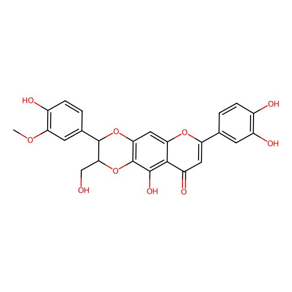 2D Structure of (2R,3R)-7-(3,4-dihydroxyphenyl)-10-hydroxy-3-(4-hydroxy-3-methoxyphenyl)-2-(hydroxymethyl)-2,3-dihydropyrano[2,3-g][1,4]benzodioxin-9-one