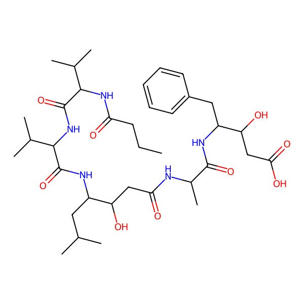 2D Structure of 4-[2-[[4-[[2-[[2-(Butanoylamino)-3-methylbutanoyl]amino]-3-methylbutanoyl]amino]-3-hydroxy-6-methylheptanoyl]amino]propanoylamino]-3-hydroxy-5-phenylpentanoic acid