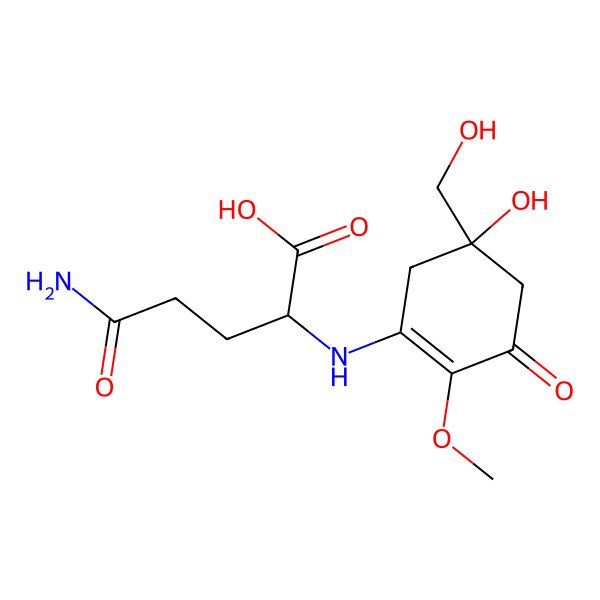 2D Structure of (2S)-5-amino-2-[[5-hydroxy-5-(hydroxymethyl)-2-methoxy-3-oxocyclohexen-1-yl]amino]-5-oxopentanoic acid