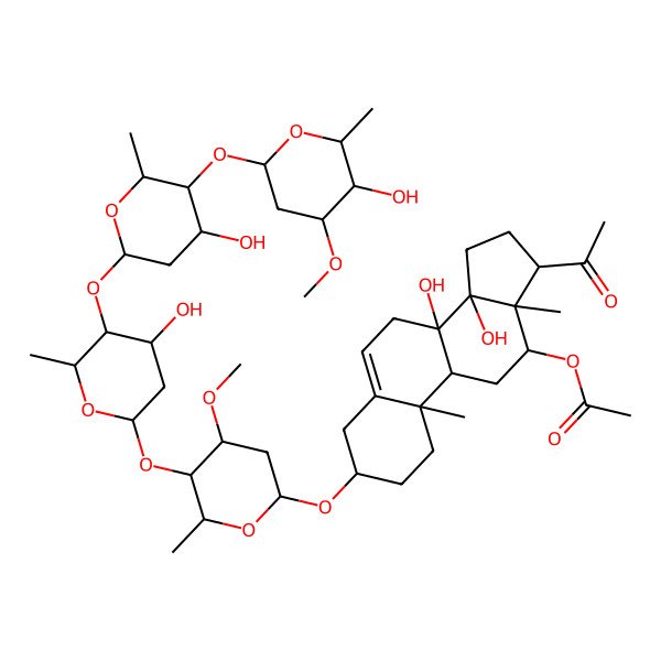 2D Structure of [17-acetyl-8,14-dihydroxy-3-[5-[4-hydroxy-5-[4-hydroxy-5-(5-hydroxy-4-methoxy-6-methyloxan-2-yl)oxy-6-methyloxan-2-yl]oxy-6-methyloxan-2-yl]oxy-4-methoxy-6-methyloxan-2-yl]oxy-10,13-dimethyl-2,3,4,7,9,11,12,15,16,17-decahydro-1H-cyclopenta[a]phenanthren-12-yl] acetate