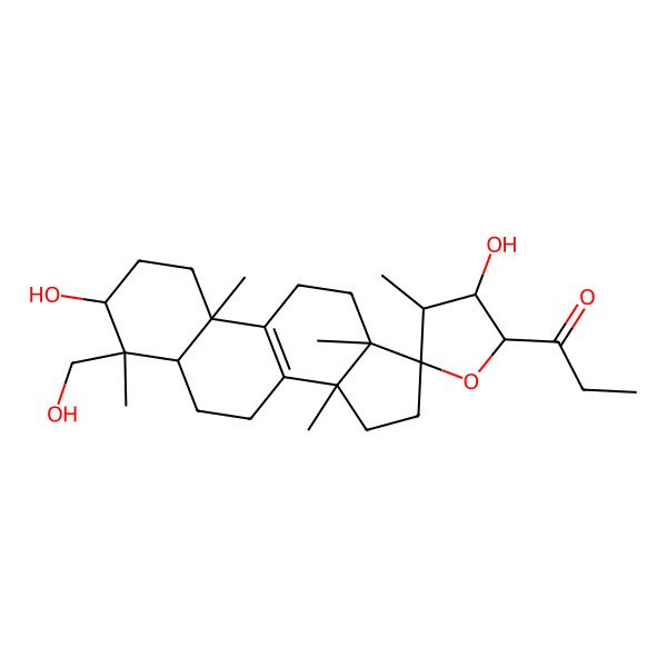 2D Structure of 1-[3,3'-Dihydroxy-4-(hydroxymethyl)-4,4',10,13,14-pentamethylspiro[1,2,3,5,6,7,11,12,15,16-decahydrocyclopenta[a]phenanthrene-17,5'-oxolane]-2'-yl]propan-1-one