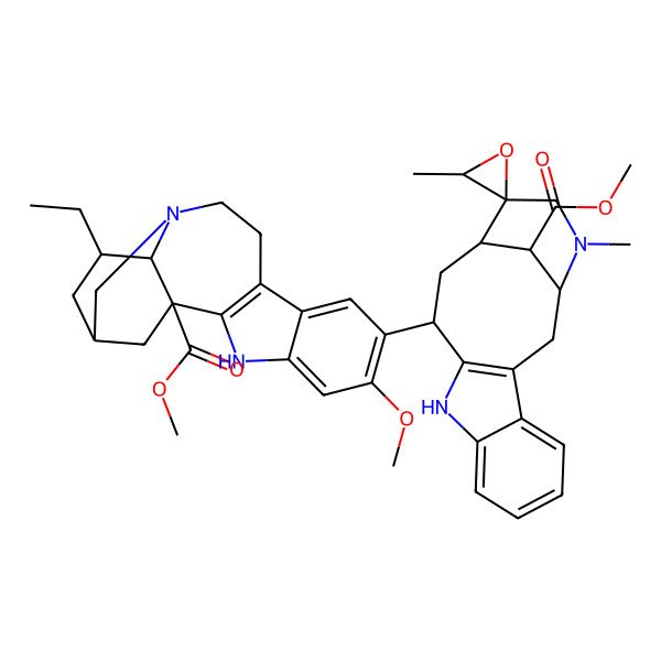 2D Structure of methyl (1R,3'S,12R,14S,15R,18S)-12-[(1R,15S,17R,18R)-17-ethyl-6-methoxy-1-methoxycarbonyl-3,13-diazapentacyclo[13.3.1.02,10.04,9.013,18]nonadeca-2(10),4,6,8-tetraen-7-yl]-3',17-dimethylspiro[10,17-diazatetracyclo[12.3.1.03,11.04,9]octadeca-3(11),4,6,8-tetraene-15,2'-oxirane]-18-carboxylate