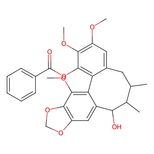 2D Structure of (11-Hydroxy-4,5,19-trimethoxy-9,10-dimethyl-15,17-dioxatetracyclo[10.7.0.02,7.014,18]nonadeca-1(19),2,4,6,12,14(18)-hexaen-3-yl) benzoate