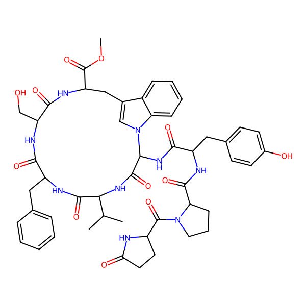 2D Structure of Methyl 8-benzyl-11-(hydroxymethyl)-2-[[3-(4-hydroxyphenyl)-2-[[1-(5-oxopyrrolidine-2-carbonyl)pyrrolidine-2-carbonyl]amino]propanoyl]amino]-3,6,9,12-tetraoxo-5-propan-2-yl-1,4,7,10,13-pentazatricyclo[14.6.1.017,22]tricosa-16(23),17,19,21-tetraene-14-carboxylate