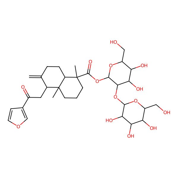 2D Structure of [(2S,3R,4S,5S,6R)-4,5-dihydroxy-6-(hydroxymethyl)-3-[(2S,3R,4S,5S,6R)-3,4,5-trihydroxy-6-(hydroxymethyl)oxan-2-yl]oxyoxan-2-yl] (1R,4aS,5R,8aS)-5-[2-(furan-3-yl)-2-oxoethyl]-1,4a-dimethyl-6-methylidene-3,4,5,7,8,8a-hexahydro-2H-naphthalene-1-carboxylate
