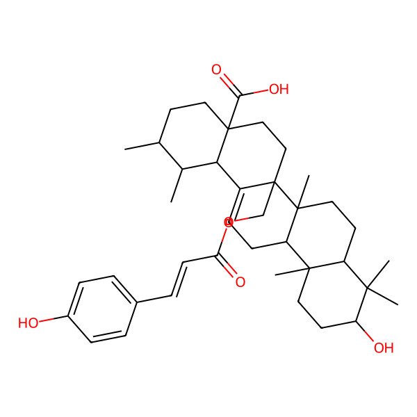 2D Structure of 10-hydroxy-6a-[3-(4-hydroxyphenyl)prop-2-enoyloxymethyl]-1,2,6b,9,9,12a-hexamethyl-2,3,4,5,6,6a,7,8,8a,10,11,12,13,14b-tetradecahydro-1H-picene-4a-carboxylic acid