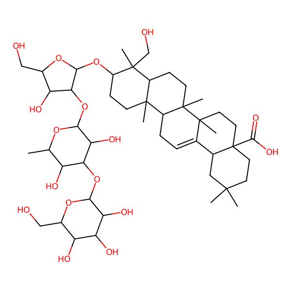 2D Structure of (4aS,6aR,6aS,6bR,8aR,9R,10S,12aR,14bS)-10-[(2R,3R,4S,5S)-3-[(2S,3R,4R,5S,6S)-3,5-dihydroxy-6-methyl-4-[(2S,3S,4S,5S,6R)-3,4,5-trihydroxy-6-(hydroxymethyl)oxan-2-yl]oxyoxan-2-yl]oxy-4-hydroxy-5-(hydroxymethyl)oxolan-2-yl]oxy-9-(hydroxymethyl)-2,2,6a,6b,9,12a-hexamethyl-1,3,4,5,6,6a,7,8,8a,10,11,12,13,14b-tetradecahydropicene-4a-carboxylic acid
