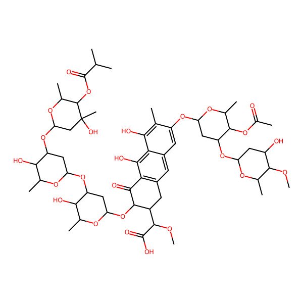 2D Structure of 2-[7-[5-acetyloxy-4-(4-hydroxy-5-methoxy-6-methyloxan-2-yl)oxy-6-methyloxan-2-yl]oxy-5,10-dihydroxy-3-[5-hydroxy-4-[5-hydroxy-4-[4-hydroxy-4,6-dimethyl-5-(2-methylpropanoyloxy)oxan-2-yl]oxy-6-methyloxan-2-yl]oxy-6-methyloxan-2-yl]oxy-6-methyl-4-oxo-2,3-dihydro-1H-anthracen-2-yl]-2-methoxyacetic acid