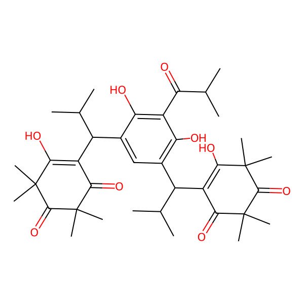2D Structure of 4-[(1S)-1-[2,4-dihydroxy-5-[(1R)-1-(2-hydroxy-3,3,5,5-tetramethyl-4,6-dioxocyclohexen-1-yl)-2-methylpropyl]-3-(2-methylpropanoyl)phenyl]-2-methylpropyl]-5-hydroxy-2,2,6,6-tetramethylcyclohex-4-ene-1,3-dione