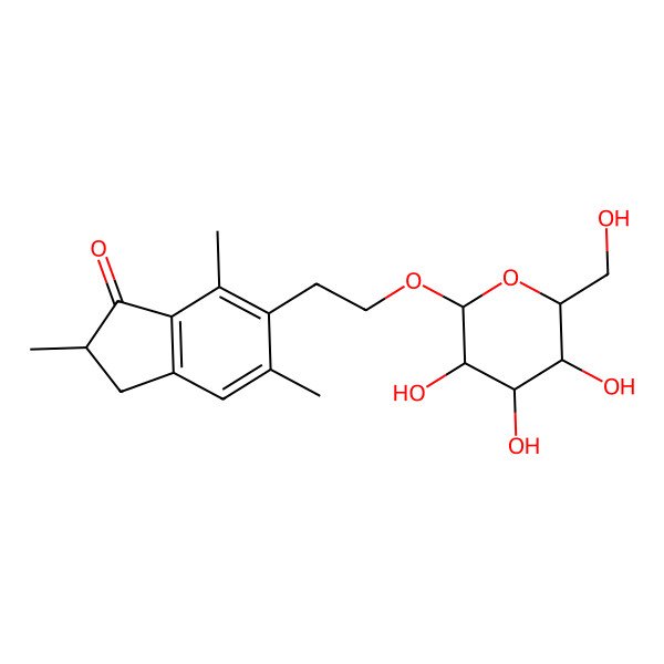 2D Structure of 2,5,7-trimethyl-6-[2-[(2R,3R,4S,5S,6R)-3,4,5-trihydroxy-6-(hydroxymethyl)oxan-2-yl]oxyethyl]-2,3-dihydroinden-1-one
