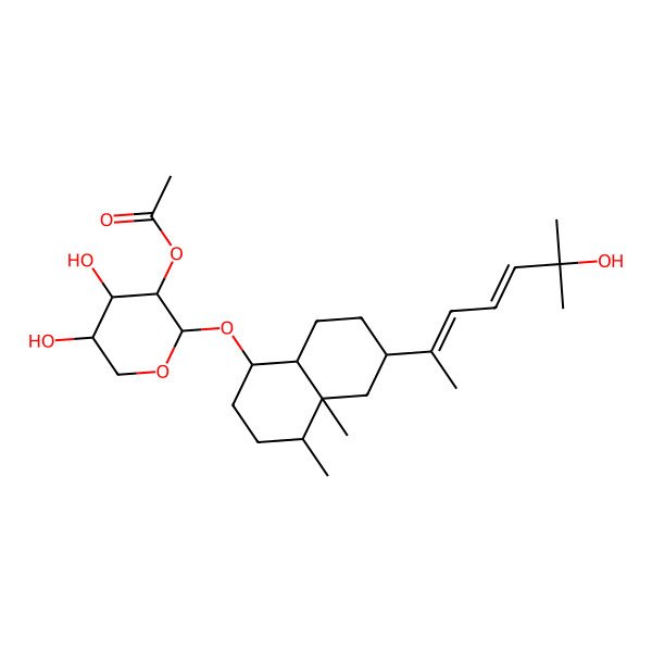 2D Structure of [(2S,3S,4R,5R)-2-[[(1S,4R,4aS,6R,8aR)-6-[(2E,4E)-6-hydroxy-6-methylhepta-2,4-dien-2-yl]-4,4a-dimethyl-2,3,4,5,6,7,8,8a-octahydro-1H-naphthalen-1-yl]oxy]-4,5-dihydroxyoxan-3-yl] acetate