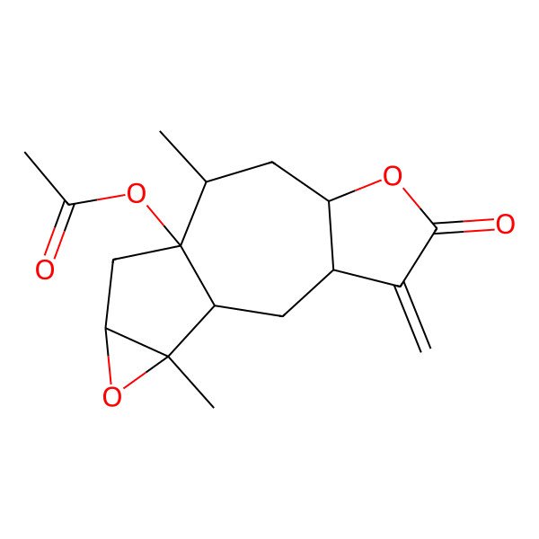 2D Structure of Oxireno[2,3]azuleno[6,5-b]furan-4(1aH)-one, decahydro-7a-hydroxy-1a,7-dimethyl-3-methylene-, acetate, stereoisomer