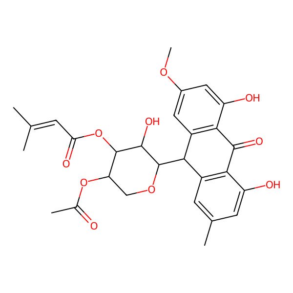 2D Structure of [(2S,3S,4S,5R)-5-acetyloxy-2-[(9S)-4,5-dihydroxy-2-methoxy-7-methyl-10-oxo-9H-anthracen-9-yl]-3-hydroxyoxan-4-yl] 3-methylbut-2-enoate