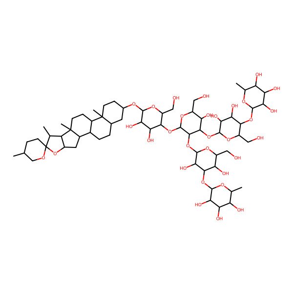 2D Structure of 2-[6-[2-[4,5-Dihydroxy-2-(hydroxymethyl)-6-(5',7,9,13-tetramethylspiro[5-oxapentacyclo[10.8.0.02,9.04,8.013,18]icosane-6,2'-oxane]-16-yl)oxyoxan-3-yl]oxy-3-[3,5-dihydroxy-6-(hydroxymethyl)-4-(3,4,5-trihydroxy-6-methyloxan-2-yl)oxyoxan-2-yl]oxy-5-hydroxy-6-(hydroxymethyl)oxan-4-yl]oxy-4,5-dihydroxy-2-(hydroxymethyl)oxan-3-yl]oxy-6-methyloxane-3,4,5-triol