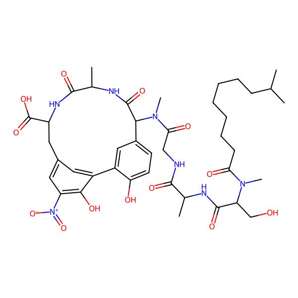 2D Structure of (8R,11S,14R)-3,18-dihydroxy-14-[[2-[[(2R)-2-[[(2R)-3-hydroxy-2-[methyl(9-methyldecanoyl)amino]propanoyl]amino]propanoyl]amino]acetyl]-methylamino]-11-methyl-4-nitro-10,13-dioxo-9,12-diazatricyclo[13.3.1.12,6]icosa-1(18),2,4,6(20),15(19),16-hexaene-8-carboxylic acid