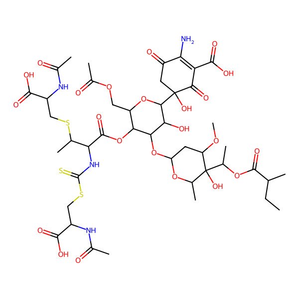 2D Structure of (5S)-5-[(2R,3R,4S,5R,6R)-5-[3-[(2R)-2-acetamido-2-carboxyethyl]sulfanyl-2-[[(2R)-2-acetamido-2-carboxyethyl]sulfanylcarbothioylamino]butanoyl]oxy-6-(acetyloxymethyl)-3-hydroxy-4-[(4S,5S,6S)-5-hydroxy-4-methoxy-6-methyl-5-[(1S)-1-[(2S)-2-methylbutanoyl]oxyethyl]oxan-2-yl]oxyoxan-2-yl]-2-amino-5-hydroxy-3,6-dioxocyclohexene-1-carboxylic acid