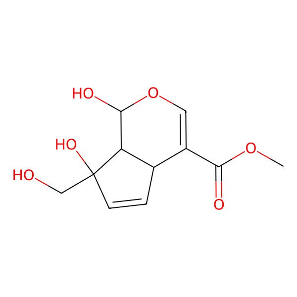 2D Structure of Cyclopenta(c)pyran-4-carboxylic acid, 1,4a,7,7a-tetrahydro-1,7-dihydroxy-7-(hydroxymethyl)-, methyl ester, (1R-(1alpha,4aalpha,7alpha,7aalpha))-