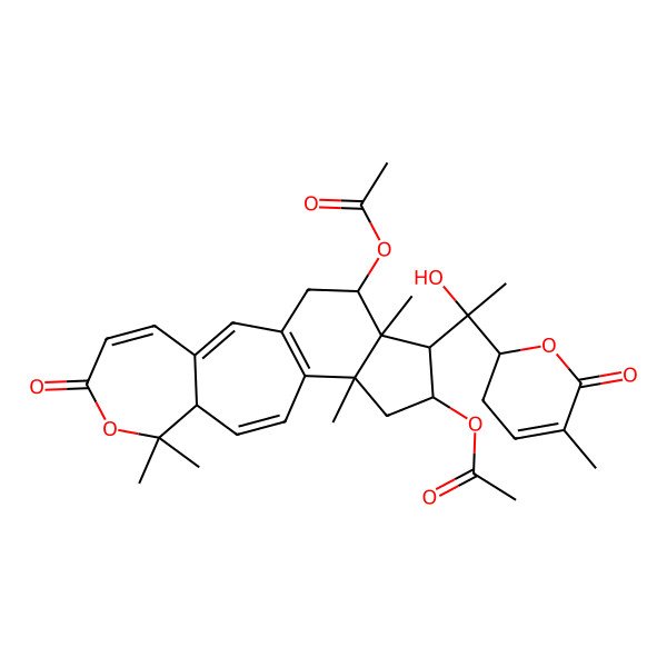 2D Structure of [15-Acetyloxy-16-[1-hydroxy-1-(5-methyl-6-oxo-2,3-dihydropyran-2-yl)ethyl]-8,8,13,17-tetramethyl-6-oxo-7-oxatetracyclo[10.7.0.03,9.013,17]nonadeca-1(12),2,4,10-tetraen-18-yl] acetate