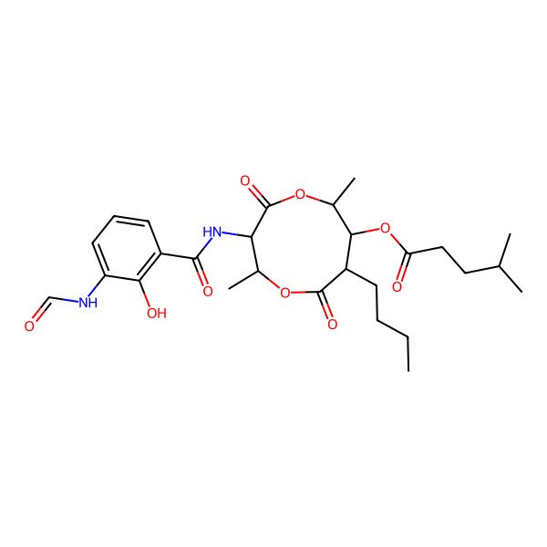 2D Structure of [8-Butyl-3-[(3-formamido-2-hydroxybenzoyl)amino]-2,6-dimethyl-4,9-dioxo-1,5-dioxonan-7-yl] 4-methylpentanoate