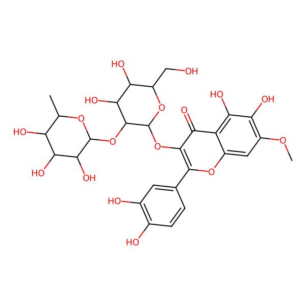 2D Structure of 3-[(2S,3R,4S,5R,6S)-4,5-dihydroxy-6-(hydroxymethyl)-3-[(2S,3S,4S,5R,6S)-3,4,5-trihydroxy-6-methyloxan-2-yl]oxyoxan-2-yl]oxy-2-(3,4-dihydroxyphenyl)-5,6-dihydroxy-7-methoxychromen-4-one