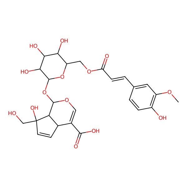 2D Structure of (1S,4aR,7S,7aS)-7-hydroxy-7-(hydroxymethyl)-1-[(2S,3R,4S,5S,6R)-3,4,5-trihydroxy-6-[[(E)-3-(4-hydroxy-3-methoxyphenyl)prop-2-enoyl]oxymethyl]oxan-2-yl]oxy-4a,7a-dihydro-1H-cyclopenta[c]pyran-4-carboxylic acid