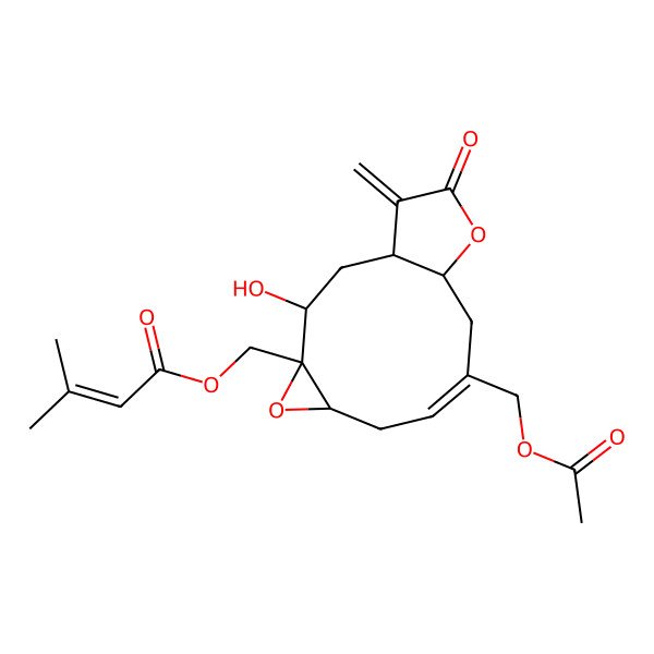 2D Structure of [(1R,3R,4R,6S,8E,11S)-9-(acetyloxymethyl)-3-hydroxy-14-methylidene-13-oxo-5,12-dioxatricyclo[9.3.0.04,6]tetradec-8-en-4-yl]methyl 3-methylbut-2-enoate