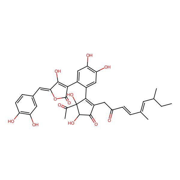 2D Structure of 3-[2-[5-Acetyl-2-(5,7-dimethyl-2-oxonona-3,5-dienyl)-4,5-dihydroxy-3-oxocyclopenten-1-yl]-4,5-dihydroxyphenyl]-5-[(3,4-dihydroxyphenyl)methylidene]-4-hydroxyfuran-2-one