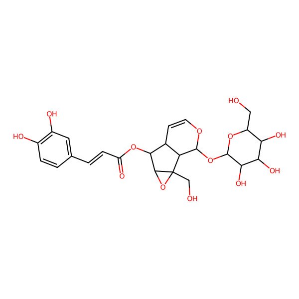 2D Structure of [2-(Hydroxymethyl)-10-[3,4,5-trihydroxy-6-(hydroxymethyl)oxan-2-yl]oxy-3,9-dioxatricyclo[4.4.0.02,4]dec-7-en-5-yl] 3-(3,4-dihydroxyphenyl)prop-2-enoate