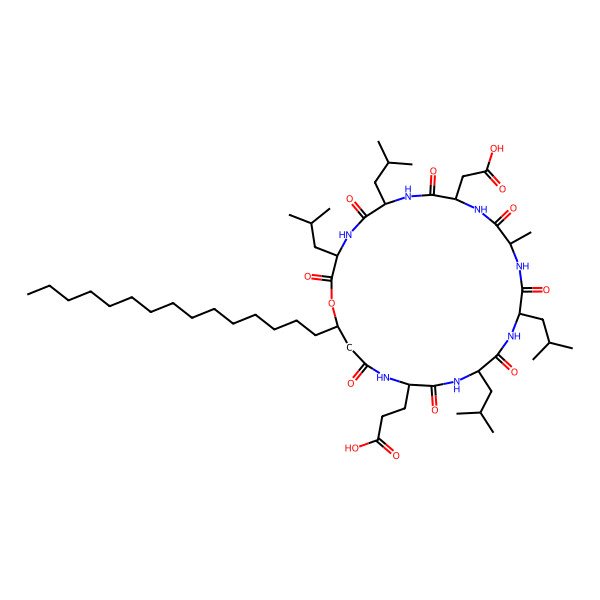 2D Structure of 3-[(3S,6S,9S,12S,15S,18S,21S,25R)-9-(carboxymethyl)-12-methyl-3,6,15,18-tetrakis(2-methylpropyl)-2,5,8,11,14,17,20,23-octaoxo-25-pentadecyl-1-oxa-4,7,10,13,16,19,22-heptazacyclopentacos-21-yl]propanoic acid