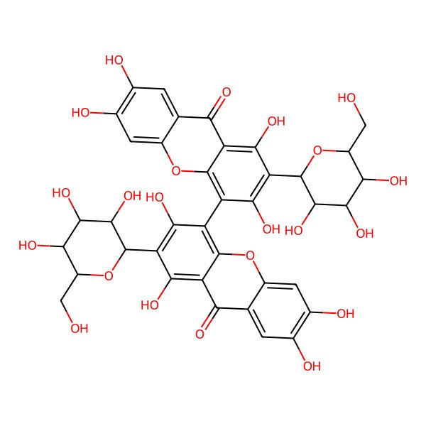 2D Structure of 1,3,6,7-tetrahydroxy-4-[1,3,6,7-tetrahydroxy-9-oxo-2-[(2S,3S,5S)-3,4,5-trihydroxy-6-(hydroxymethyl)oxan-2-yl]xanthen-4-yl]-2-[3,4,5-trihydroxy-6-(hydroxymethyl)oxan-2-yl]xanthen-9-one
