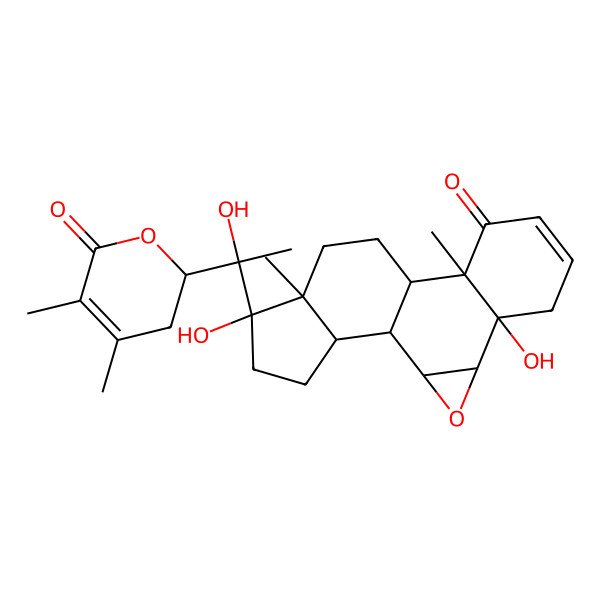2D Structure of (1S,2S,4S,5R,10R,11R,14S,15R,18S)-15-[(1S)-1-[(2R)-4,5-dimethyl-6-oxo-2,3-dihydropyran-2-yl]-1-hydroxyethyl]-5,15-dihydroxy-10,14-dimethyl-3-oxapentacyclo[9.7.0.02,4.05,10.014,18]octadec-7-en-9-one