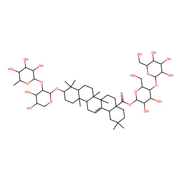 2D Structure of [(2S,3R,4R,5S,6R)-3,4-dihydroxy-6-(hydroxymethyl)-5-[(2S,3R,4S,5S,6R)-3,4,5-trihydroxy-6-(hydroxymethyl)oxan-2-yl]oxyoxan-2-yl] (4aS,6aR,6aS,6bR,8aR,10S,12aR,14bS)-10-[(2S,3R,4S,5S)-4,5-dihydroxy-3-[(2S,3R,4R,5R,6S)-3,4,5-trihydroxy-6-methyloxan-2-yl]oxyoxan-2-yl]oxy-2,2,6a,6b,9,9,12a-heptamethyl-1,3,4,5,6,6a,7,8,8a,10,11,12,13,14b-tetradecahydropicene-4a-carboxylate