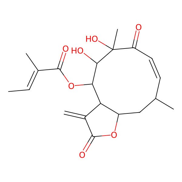 2D Structure of (5,6-Dihydroxy-6,10-dimethyl-3-methylidene-2,7-dioxo-3a,4,5,10,11,11a-hexahydrocyclodeca[b]furan-4-yl) 2-methylbut-2-enoate