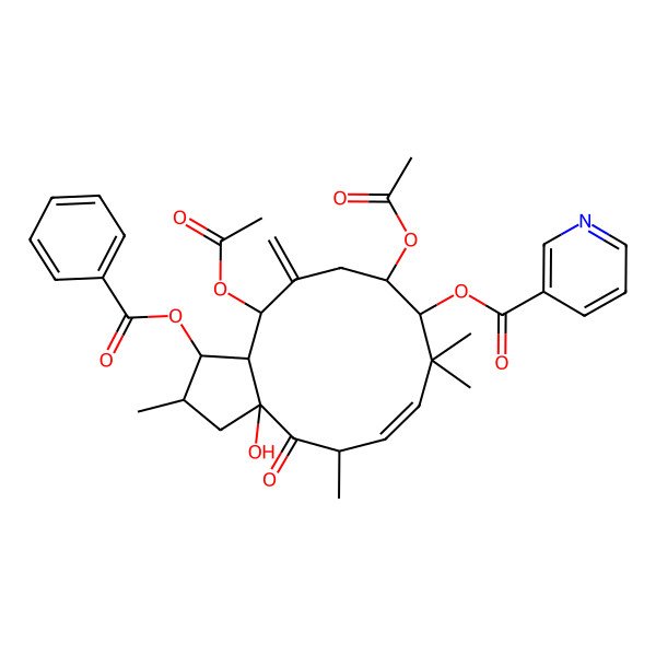 2D Structure of (10,13-diacetyloxy-1-benzoyloxy-3a-hydroxy-2,5,8,8-tetramethyl-12-methylidene-4-oxo-2,3,5,9,10,11,13,13a-octahydro-1H-cyclopenta[12]annulen-9-yl) pyridine-3-carboxylate