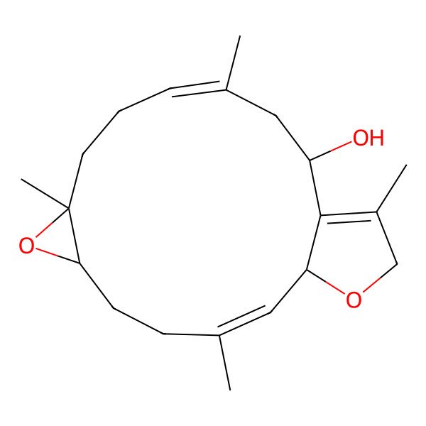 2D Structure of (1R,2E,6S,8S,11E,14S)-3,8,12,16-tetramethyl-7,18-dioxatricyclo[13.3.0.06,8]octadeca-2,11,15-trien-14-ol