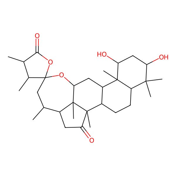 2D Structure of 7,9-Dihydroxy-1,3',4',6,6,10,17,21-octamethylspiro[14-oxapentacyclo[11.7.1.02,11.05,10.018,21]henicosane-15,5'-oxolane]-2',20-dione