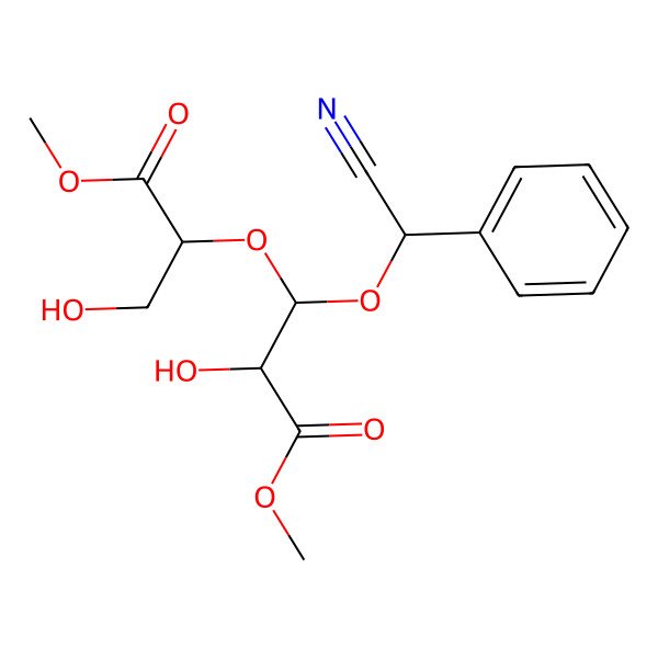 2D Structure of methyl (2S,3R)-3-[(S)-cyano(phenyl)methoxy]-2-hydroxy-3-[(2R)-3-hydroxy-1-methoxy-1-oxopropan-2-yl]oxypropanoate