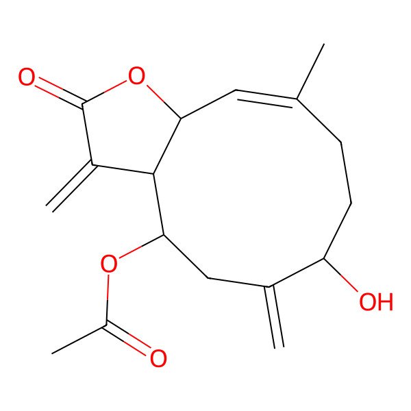 2D Structure of [(3aR,4S,7R,10E,11aR)-7-hydroxy-10-methyl-3,6-dimethylidene-2-oxo-4,5,7,8,9,11a-hexahydro-3aH-cyclodeca[b]furan-4-yl] acetate