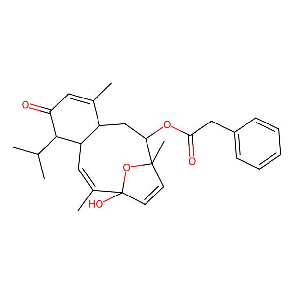 2D Structure of (12-Hydroxy-1,5,11-trimethyl-7-oxo-8-propan-2-yl-15-oxatricyclo[10.2.1.04,9]pentadeca-5,10,13-trien-2-yl) 2-phenylacetate