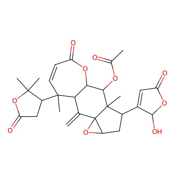 2D Structure of [15-(2,2-dimethyl-5-oxooxolan-3-yl)-7-(2-hydroxy-5-oxo-2H-furan-3-yl)-8,15-dimethyl-2-methylidene-12-oxo-4,11-dioxatetracyclo[8.5.0.03,5.03,8]pentadec-13-en-9-yl] acetate