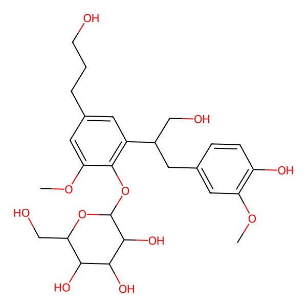 2D Structure of (2S,3R,4S,5S,6R)-2-[2-[(2R)-1-hydroxy-3-(4-hydroxy-3-methoxyphenyl)propan-2-yl]-4-(3-hydroxypropyl)-6-methoxyphenoxy]-6-(hydroxymethyl)oxane-3,4,5-triol